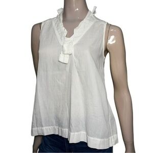 Sari Gueron Women’s 6 White Ruffle V-Neck Cotton Shadow Stripe Sleeveless Top